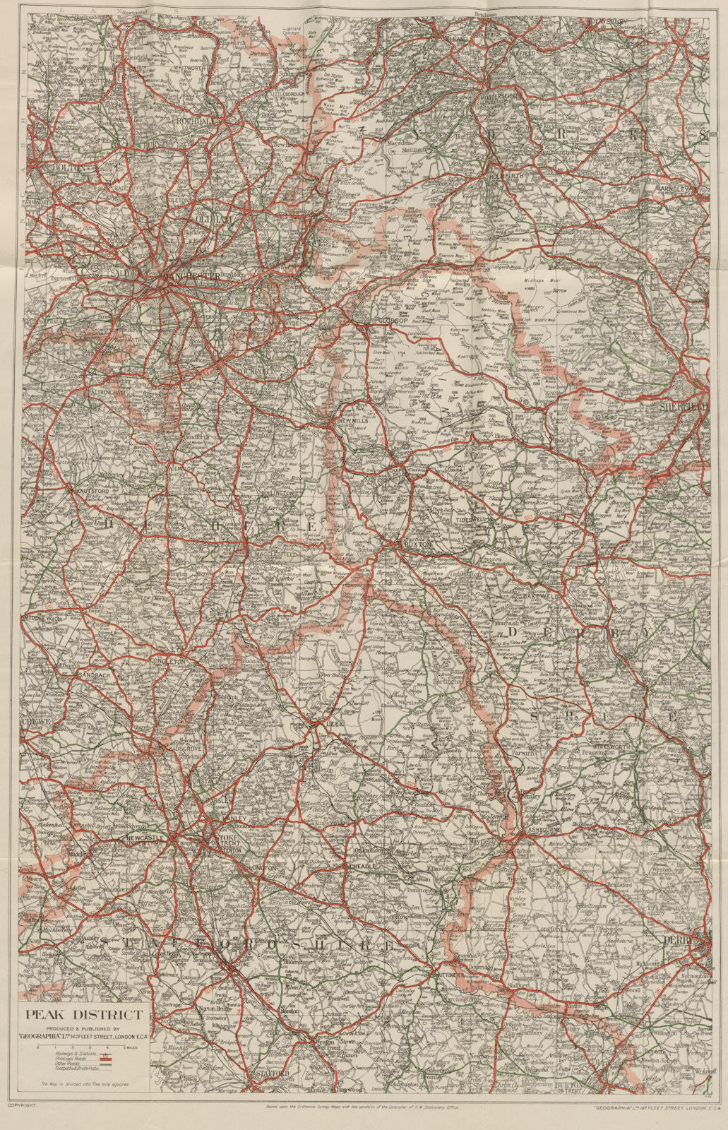Peak District Derbyshire Dales road map Manchester Sheffield GEOGRAPHIA c1935